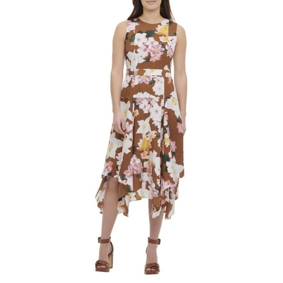 NWT - Calvin Klein Brown Floral Belted Handkerchief Hemline Dress Sz 14 - Picture 1 of 14